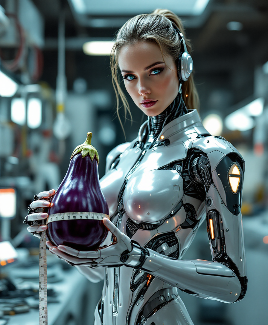 An image of a robot measuring an eggplant